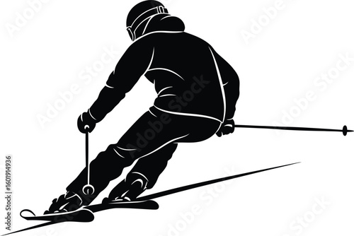 Vector art of a silhouette of a skier in action on a snowy slope isolated on transparent background