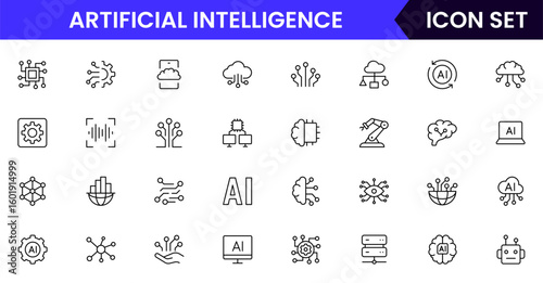 Artificial Intelligencevector line icons featuring algorithms, neural networks, data processing, AI models, training, automation, analytics, coding, and technology concepts.