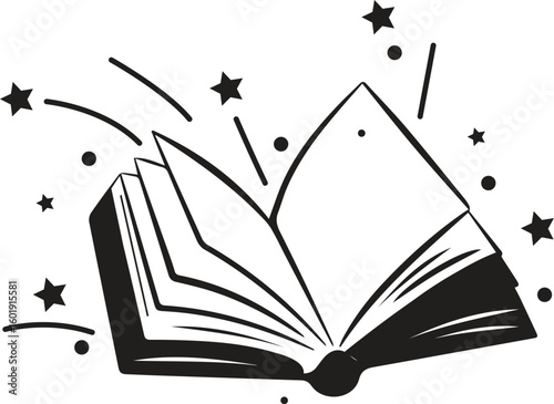 Opened book with flying page and stars in one continuous line drawing, symbolizing magic of reading