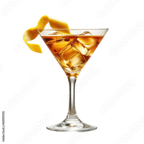 A classic manhattan cocktail with ice and an orange peel garnish in a martini glass isolated on transparent background