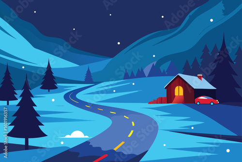 Winding Snowy Road to Cabin Vector