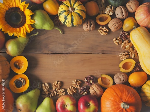 Fototapeta Naklejka Na Ścianę i Meble -  Autumn harvest fruits and vegetables flat lay pumpkin