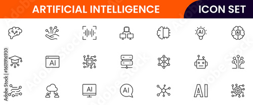 Artificial Intelligencevector line icons featuring algorithms, neural networks, data processing, AI models, training, automation, analytics, coding, and technology concepts.
