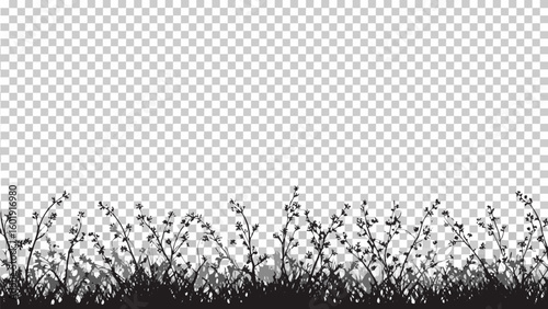 Vector  silhouette of grass and small flowering plants against a transparent background creating a nature border