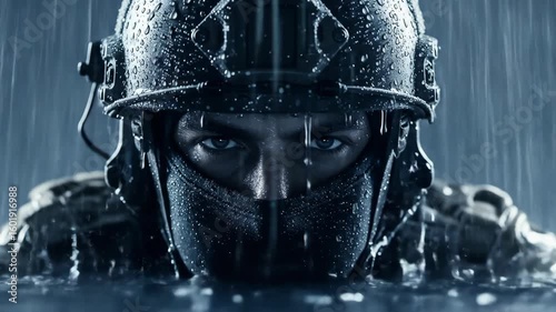Intense Soldier Emerging from Water in Heavy Rain, Close-up Portrait