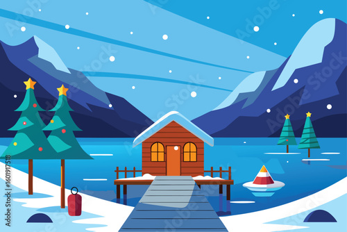 Wooden Cabin in Snowy Forest Vector