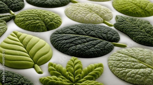 Textured green leaves arranged on a white background showcasing nature's patterns and variety
