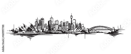 sydney australia cityscape tall building engraving sketch vector illustration