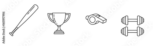 Vector Minimalist Sports Line Art SVG Icon Set with Baseball Bat Trophy and Dumbbells