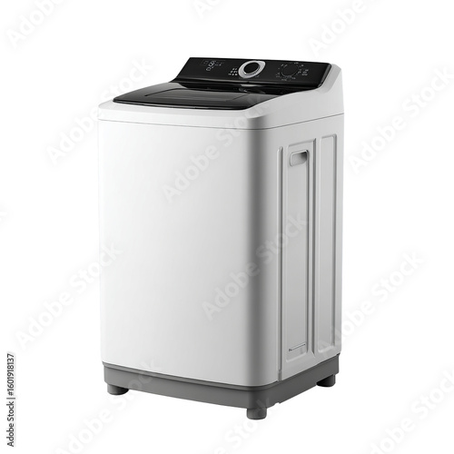 A white washing machine with a black dial