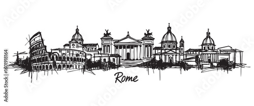rome italy cityscape tall building engraving sketch vector illustration