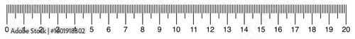 straight ruler marked from 0 to 20 centimeters. Each centimeter is divided into ten millimeter.