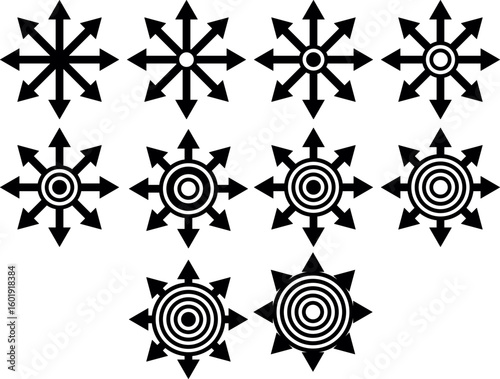 black radial arrow icons arranged in a grid. Each icon features arrows pointing outward in all directions, with concentric circles in the center