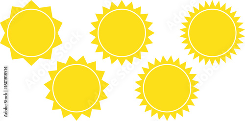 five yellow sun icons, each with a circular center and varying styles of triangular rays.