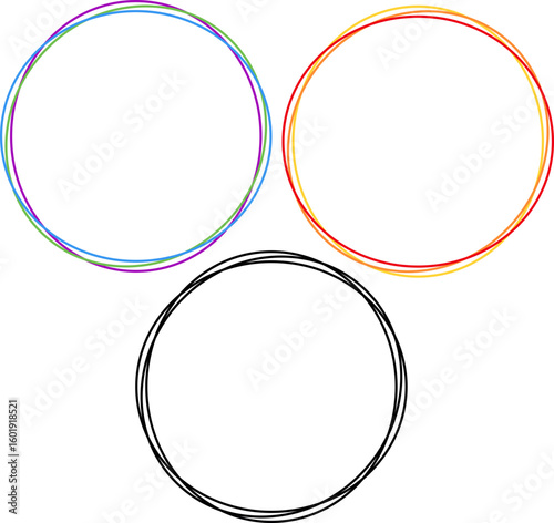 three sketchy, overlapping circles. rainbow colored outlines,  warm hues (red, orange, yellow), and black.