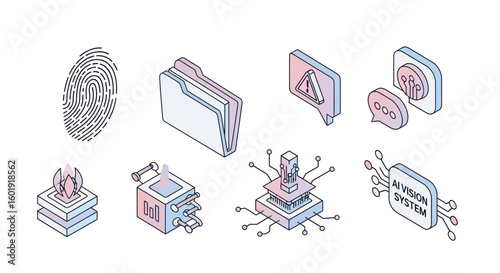 Set of isometric icons representing artificial intelligence, data processing, and cybersecurity. AI vision system and biometrics.