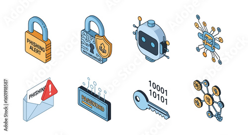 Cybersecurity and technology isometric icon pack. Includes phishing, password, encryption key, AI robot, and network security symbols.