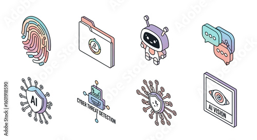 Set of isometric icons for artificial intelligence and cybersecurity. Vector illustrations of cyber threat detection, AI vision, and data protection.