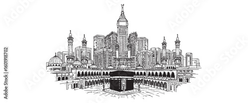 mecca cityscape tall building engraving sketch vector illustration