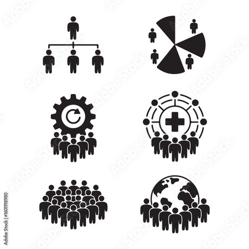 Vector art of collection of icons representing teamwork organization and global connections isolated on white background