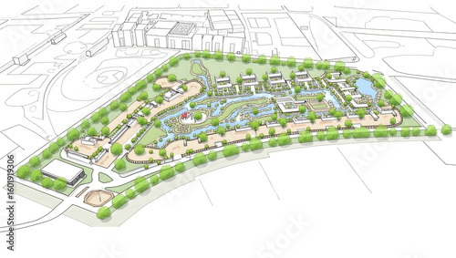 Construction Flat view of a construction masterplan with adjacent park zones, water features, and pedestrian pathways clearly marked with ink strokes