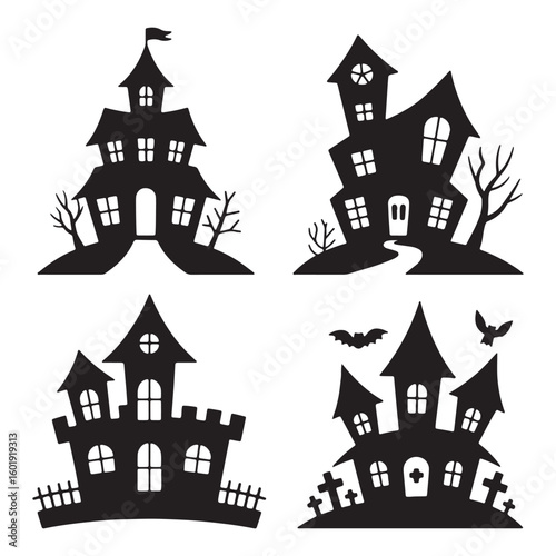 Wallpaper Mural Vector art of collection of four black silhouettes of haunted houses with spooky elements like bats and tombstones isolated on a white background Torontodigital.ca