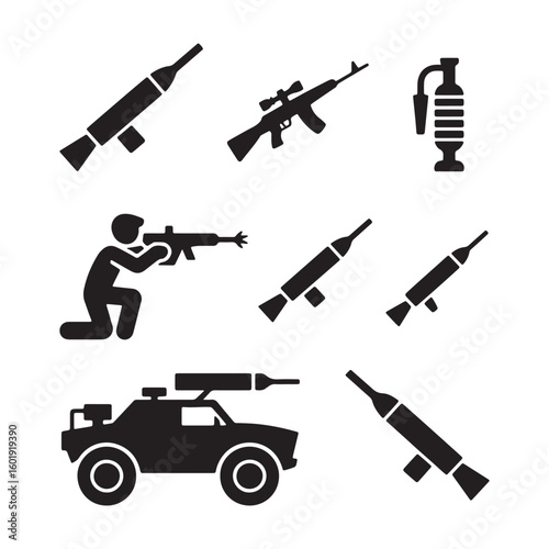 Vector art of collection of military weapon icons including rifles a grenade a soldier and an armored vehicle isolated on white background
