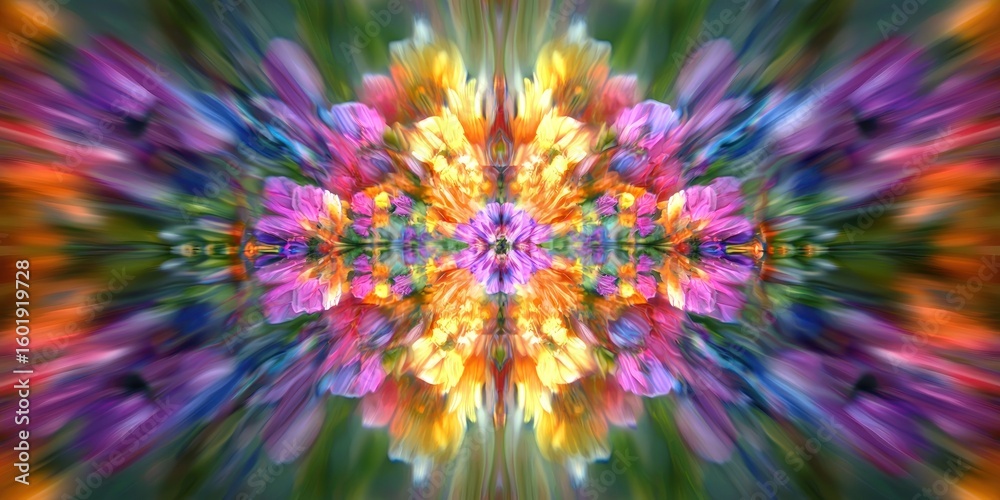 Obraz premium A vibrant field of flowers reflected through a prism, creating an abstract symmetrical design