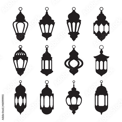 Vector art of a collection of twelve black silhouette islamic lanterns isolated on white background
