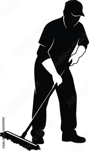 Vector art of a silhouette of a cleaner sweeping with a broom isolated on transparent background