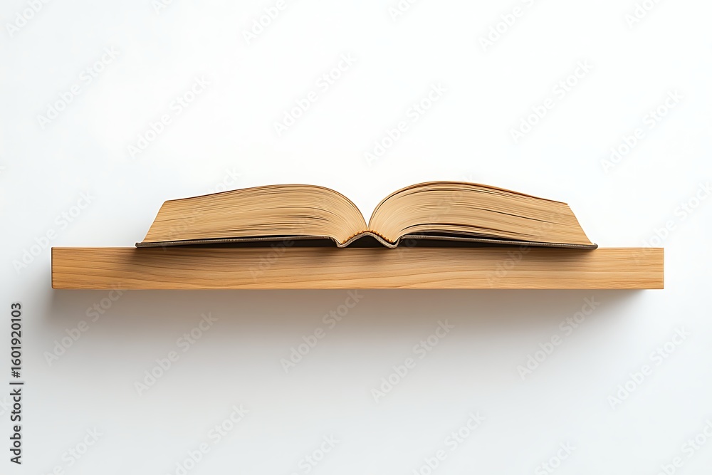 Obraz premium Open book on wooden shelf against white backdrop displaying knowledge and literature