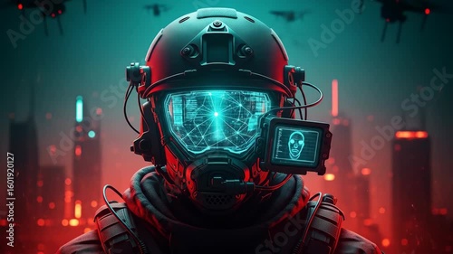Futuristic Cyberpunk Soldier with Skull HUD and Drones Over Cityscape