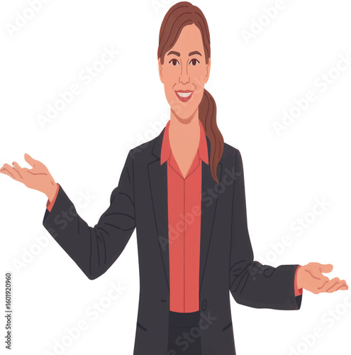 Illustration of a woman with open palms wearing a blazer and orange shirt on a white background