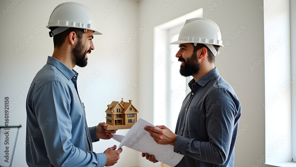 Construction Perspective side view of architect talking with engineer while holding model house and drawing sheets (6) Construction Perspective side view of architect talking with engineer while holding model house and drawing sheets (6)