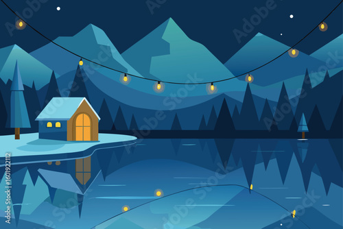 Cozy Cabin with Lights by Frozen Lake Vector
