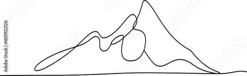 Minimalist continuous line drawing of majestic mountain peaks isolated on white background