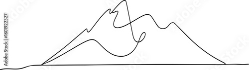 Minimalist continuous line drawing of majestic mountain peaks isolated on white background