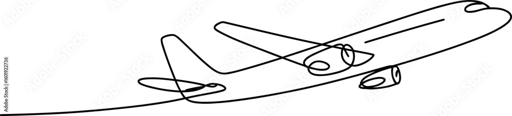 Fototapeta premium Modern jet airplane in continuous line art style isolated on white background