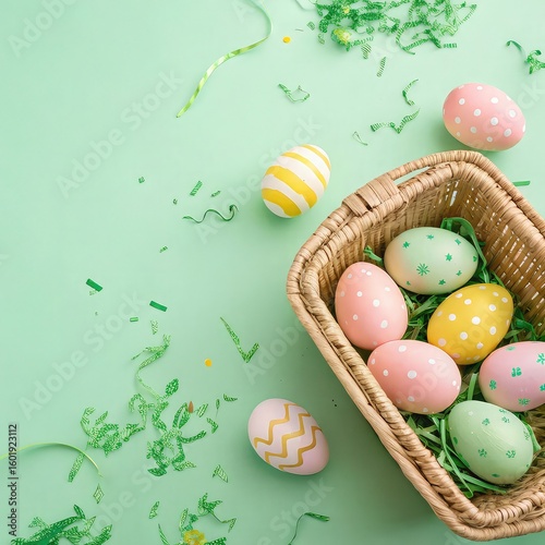 Stylish Minimal Easter Design with Colorful Eggs and Basket, Spring Easter Basket with Painted Eggs and Greenery