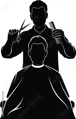 Vector art of a barber silhouette cutting a clients hair with scissors and a comb isolated on transparent background