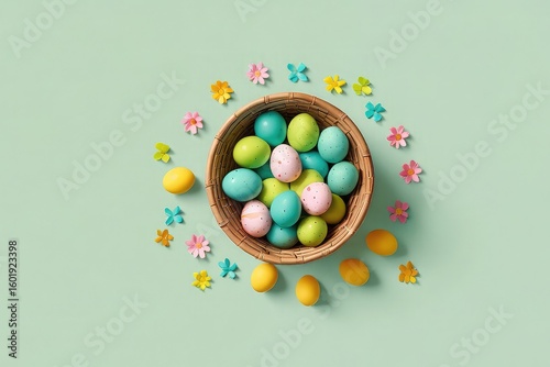 Stylish Minimal Easter Design with Colorful Eggs and Basket, Spring Easter Basket with Painted Eggs and Greenery