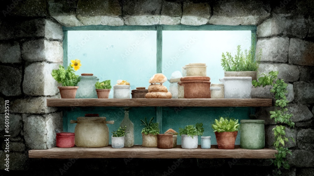 Fototapeta premium Rustic stone wall wooden shelves filled with plants pots and jars beside a large window