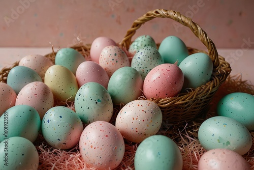 Stylish Minimal Easter Design with Colorful Eggs and Basket, Spring Easter Basket with Painted Eggs and Greenery