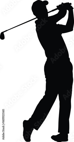 Vector art of a golfer silhouette in midswing with a golf club and ball isolated on transparent background