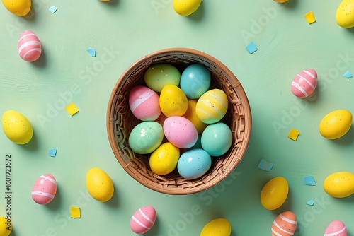 Stylish Minimal Easter Design with Colorful Eggs and Basket, Spring Easter Basket with Painted Eggs and Greenery