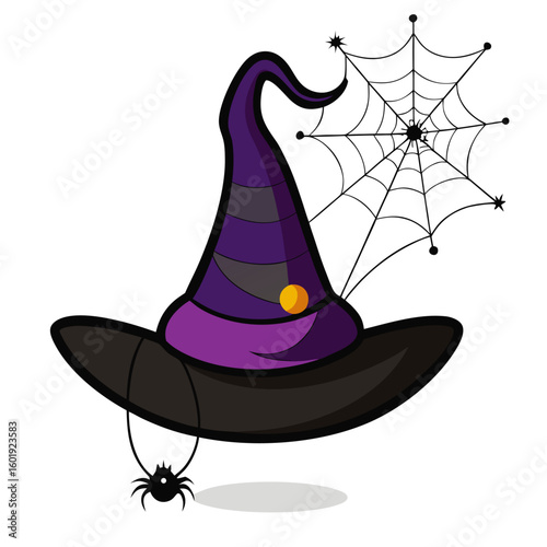 Spooky floating witch hat adorned with cobwebs and a dangling spider