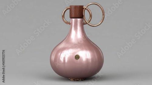 Fototapeta Naklejka Na Ścianę i Meble -  A polished pink metallic orb with wooden top and gold ring accents centered on a minimalist grey background