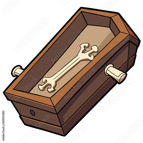 Open wooden coffin with skeletal remains and aged wood texture pattern