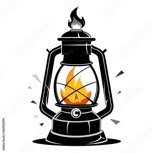 Vintage lantern with flickering flame and shattered glass illustration
