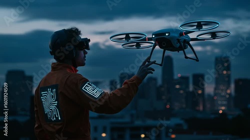 Man wearing virtual reality headset controls a futuristic drone with glowing lights over a smart city skyline at dusk